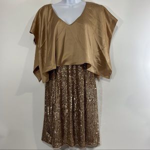 Aidan Mattox Yellow Gold Sequin Satin Midi Dress NWT